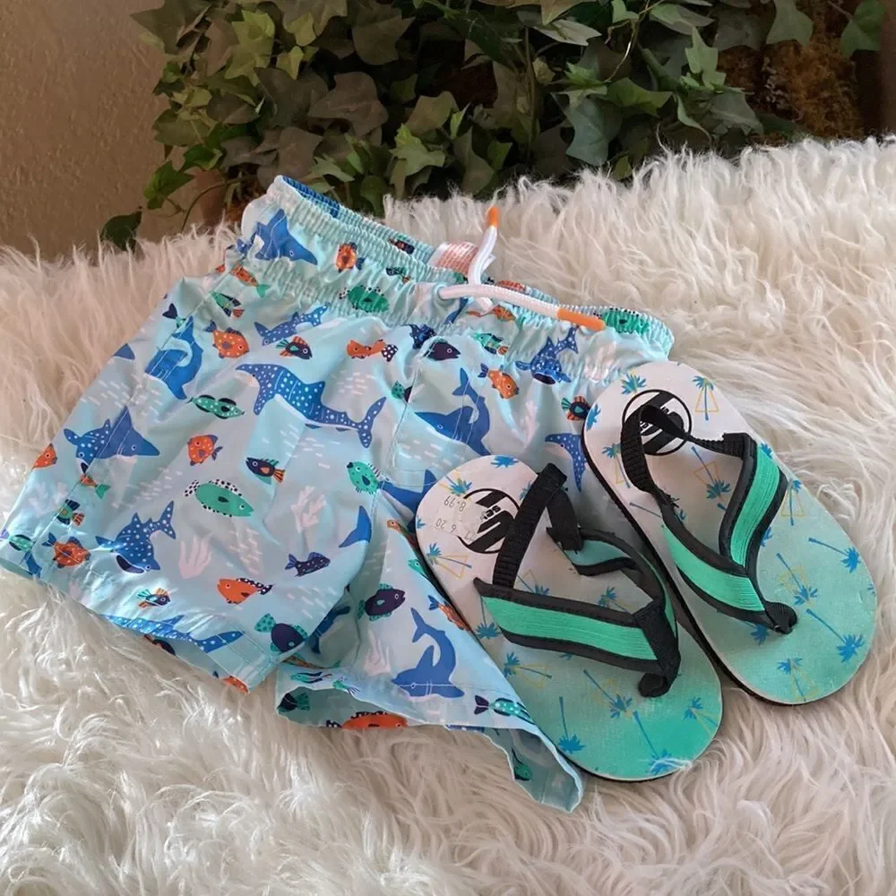 New Cat & Jack Swim trunks and New Flip Flops Trunks Size 12M Flip Flops Sz 6